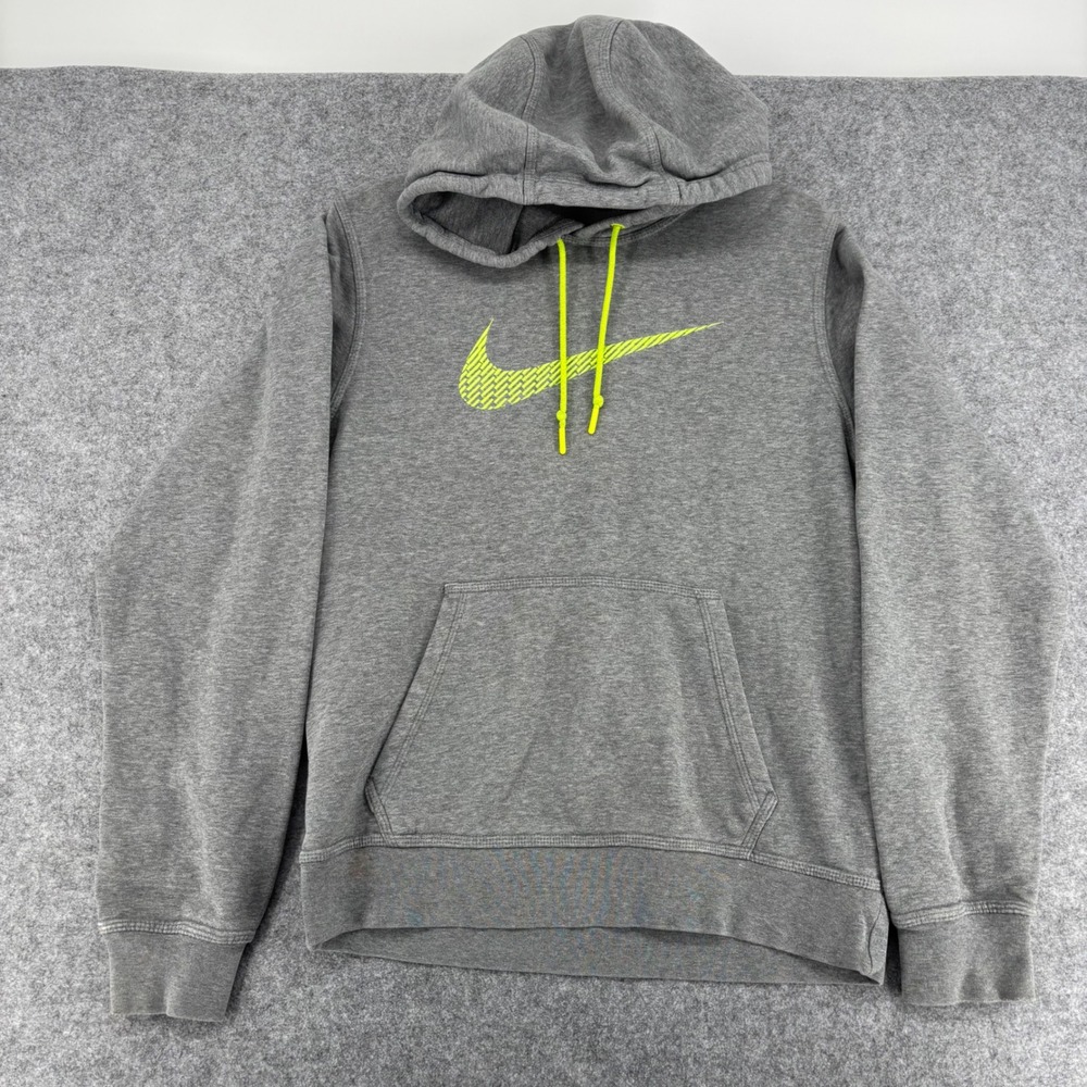 Nike Mens Sportswear Hoodie Gray Neon Yellow Swoosh Pullover 679381-091 Small